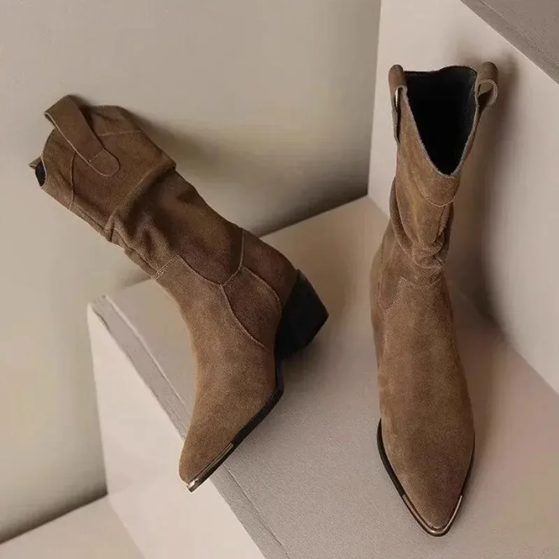 Autumn Winter Classic Chelsea Boots for Woman Suede Pointy Toe Wedge Heel Ankle Boots Simple Comfortable Cowboy Botas Female