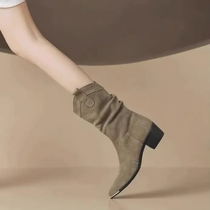 Autumn Winter Classic Chelsea Boots for Woman Suede Pointy Toe Wedge Heel Ankle Boots Simple Comfortable Cowboy Botas Female