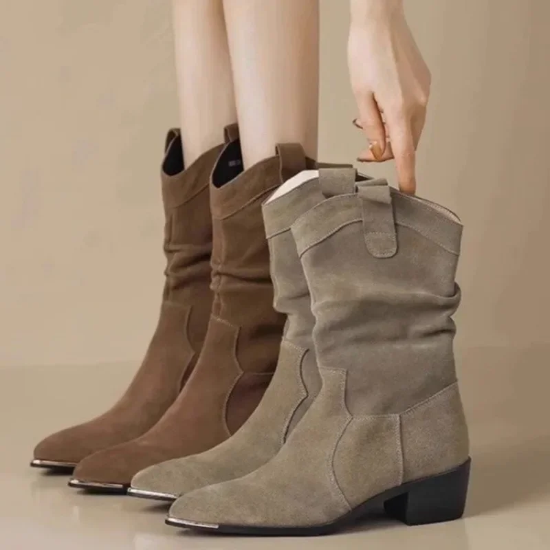 Autumn Winter Classic Chelsea Boots for Woman Suede Pointy Toe Wedge Heel Ankle Boots Simple Comfortable Cowboy Botas Female