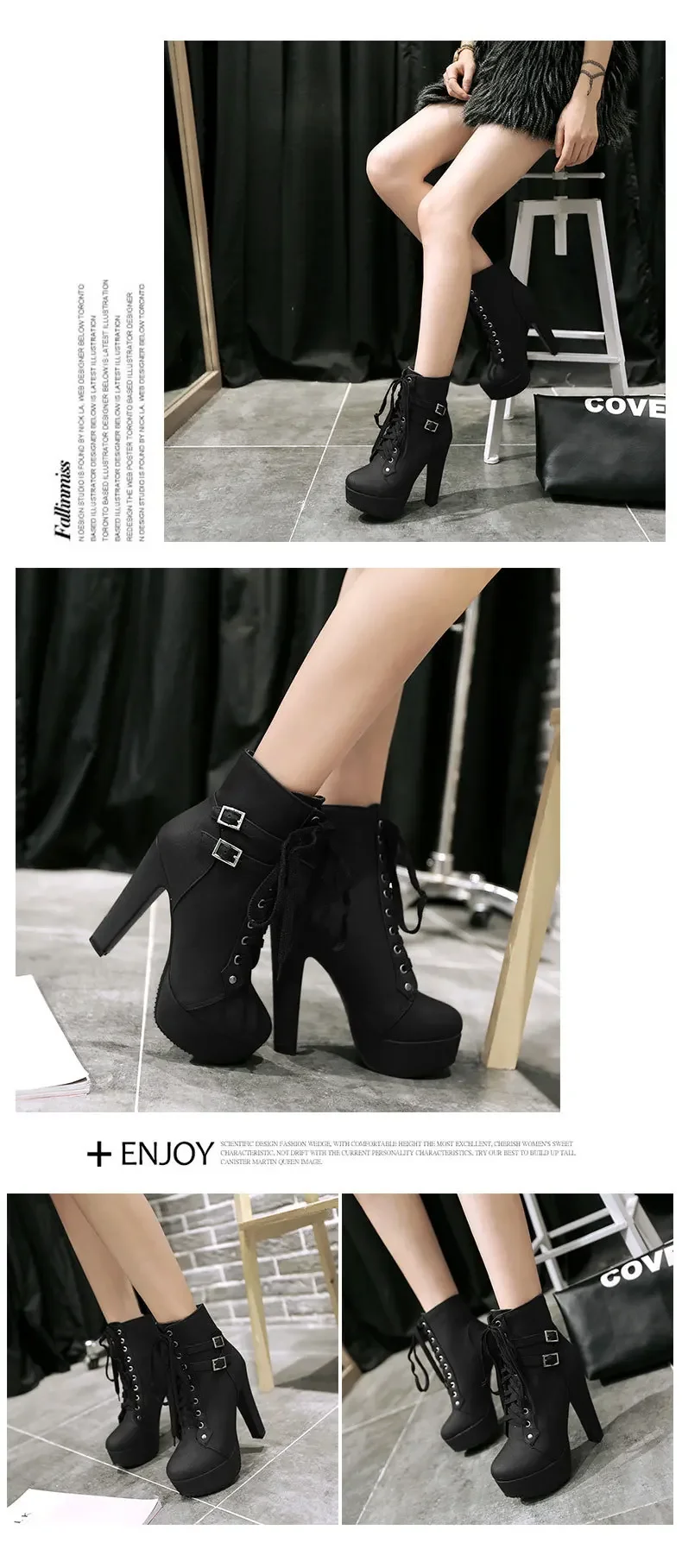 Women's Boots Super High Heels Short Boots High Heels Waterproof Platform Belt Buckle Low Cut Fashion Women's Boots