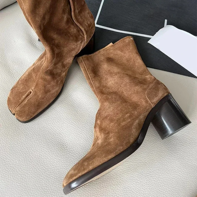 New Fashion Women's Chelsea Boots Genuine Leather High Heel Fashion Split Toe Casual Shoes Female Booties Ankle Boots