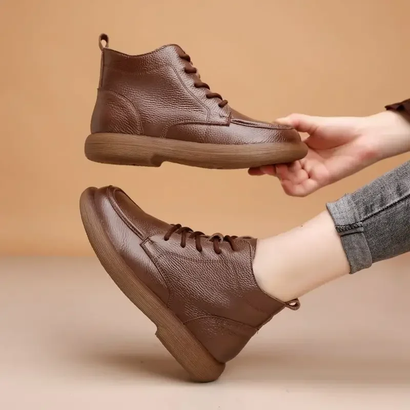 Vintage Genuine Leather Headlayer Cow Leather Fleece-Lined Flat Bottom Short Boots For Adults Retro Style Winter Season