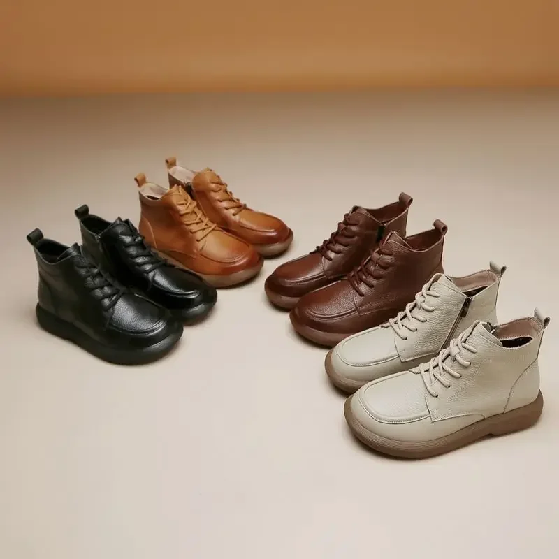 Vintage Genuine Leather Headlayer Cow Leather Fleece-Lined Flat Bottom Short Boots For Adults Retro Style Winter Season