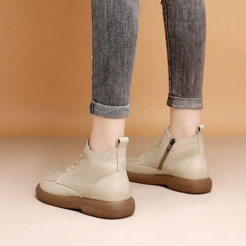 Vintage Genuine Leather Headlayer Cow Leather Fleece-Lined Flat Bottom Short Boots For Adults Retro Style Winter Season