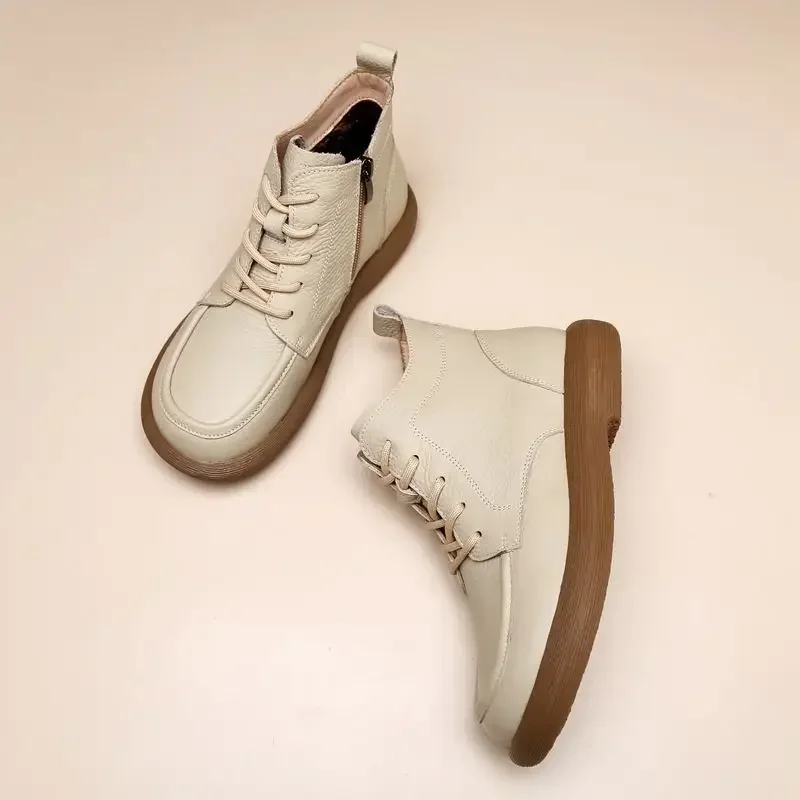 Vintage Genuine Leather Headlayer Cow Leather Fleece-Lined Flat Bottom Short Boots For Adults Retro Style Winter Season