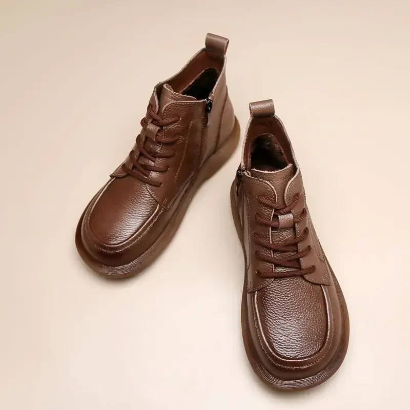 Vintage Genuine Leather Headlayer Cow Leather Fleece-Lined Flat Bottom Short Boots For Adults Retro Style Winter Season