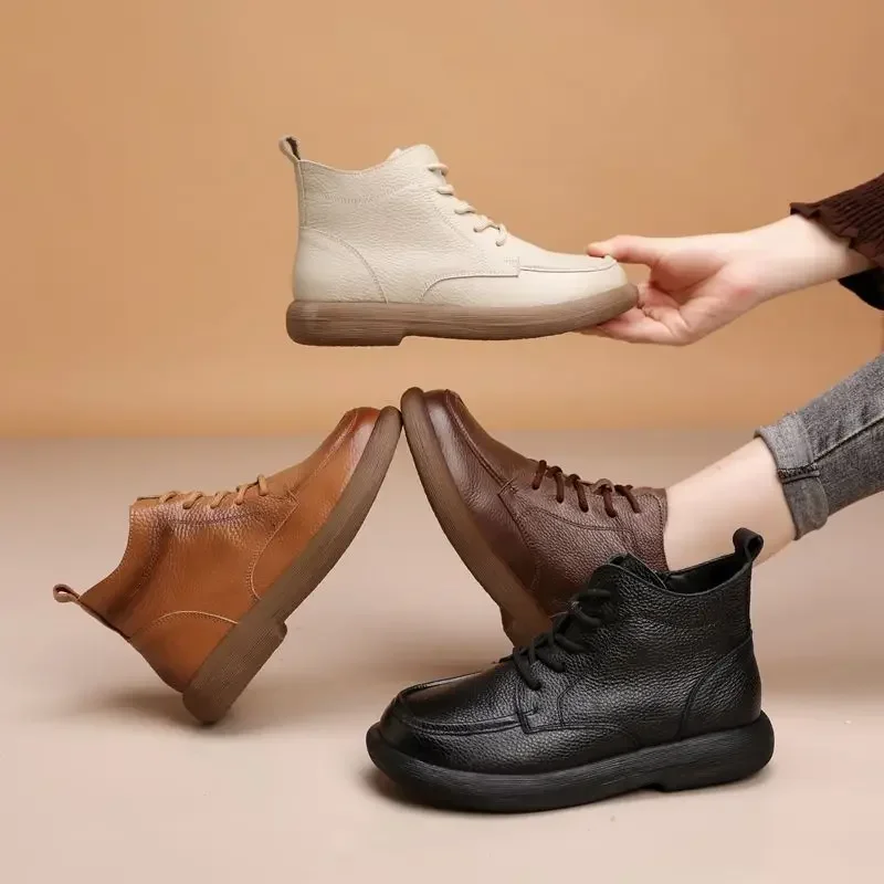 Vintage Genuine Leather Headlayer Cow Leather Fleece-Lined Flat Bottom Short Boots For Adults Retro Style Winter Season
