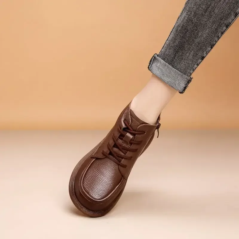 Vintage Genuine Leather Headlayer Cow Leather Fleece-Lined Flat Bottom Short Boots For Adults Retro Style Winter Season