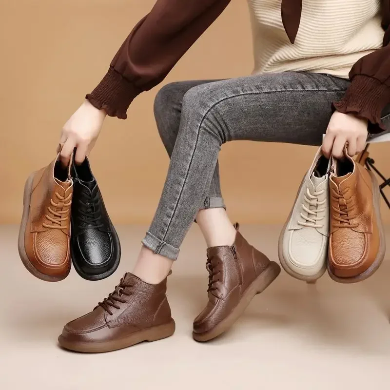 Vintage Genuine Leather Headlayer Cow Leather Fleece-Lined Flat Bottom Short Boots For Adults Retro Style Winter Season