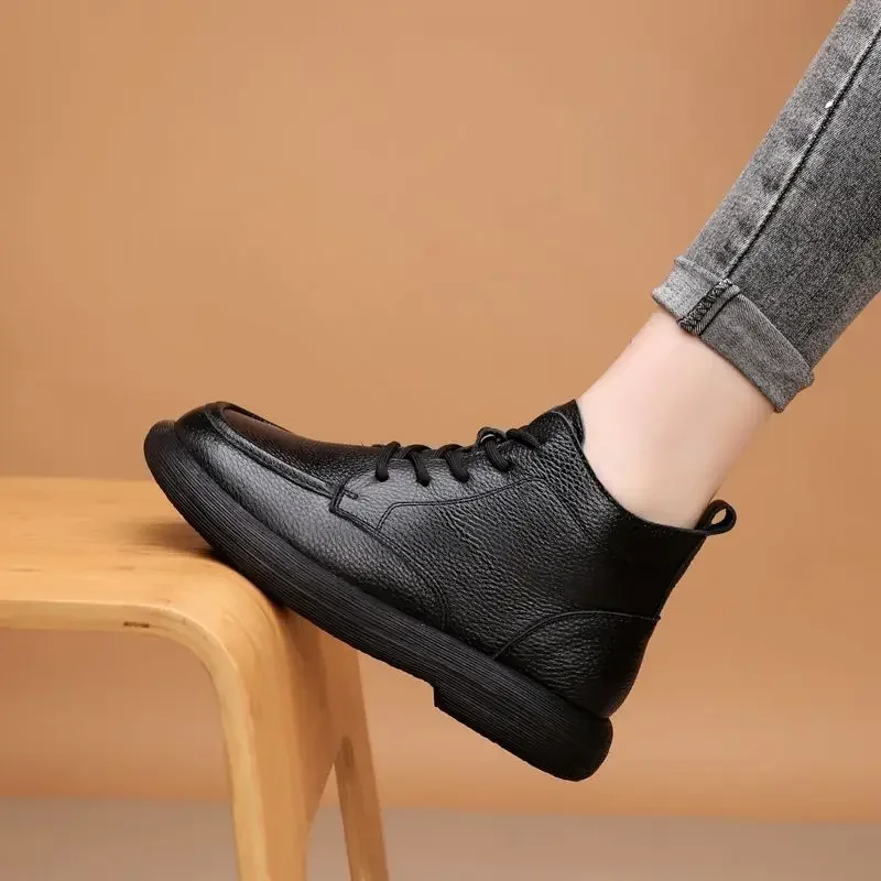 Vintage Genuine Leather Headlayer Cow Leather Fleece-Lined Flat Bottom Short Boots For Adults Retro Style Winter Season