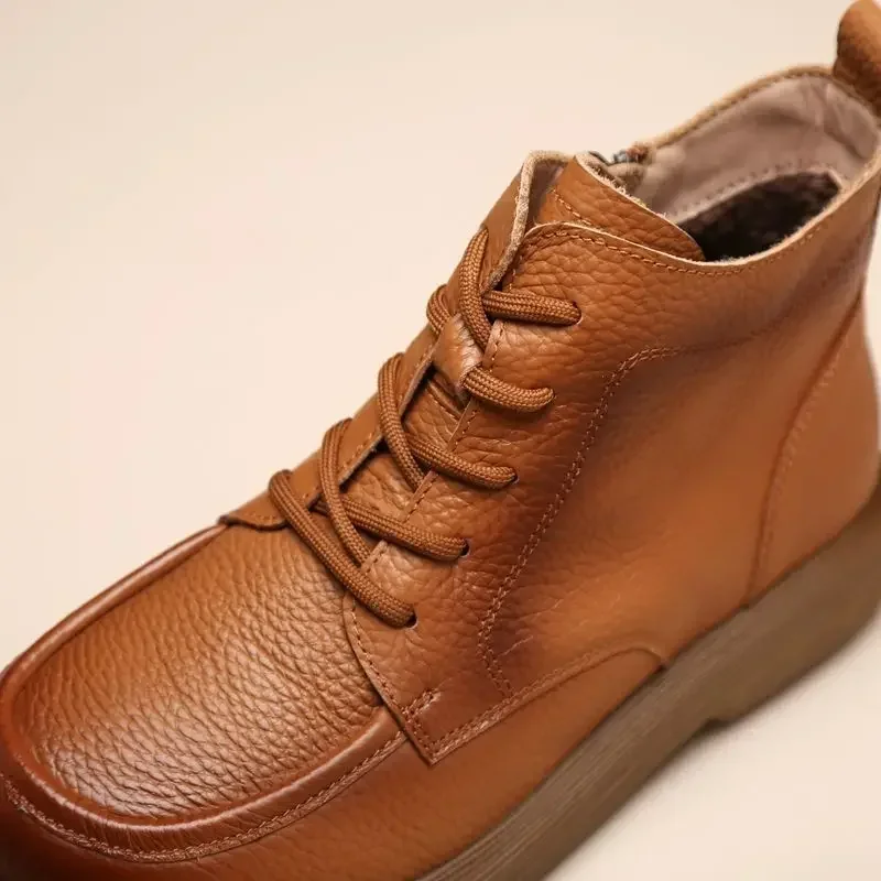 Vintage Genuine Leather Headlayer Cow Leather Fleece-Lined Flat Bottom Short Boots For Adults Retro Style Winter Season
