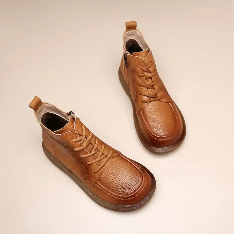 Vintage Genuine Leather Headlayer Cow Leather Fleece-Lined Flat Bottom Short Boots For Adults Retro Style Winter Season