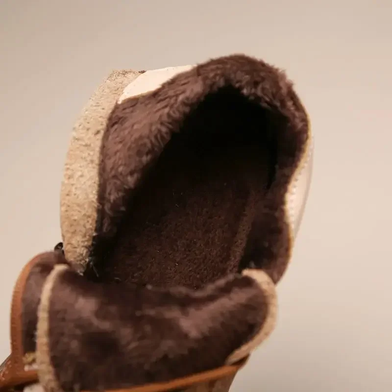 Vintage Genuine Leather Headlayer Cow Leather Fleece-Lined Flat Bottom Short Boots For Adults Retro Style Winter Season