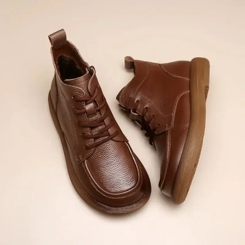 Vintage Genuine Leather Headlayer Cow Leather Fleece-Lined Flat Bottom Short Boots For Adults Retro Style Winter Season