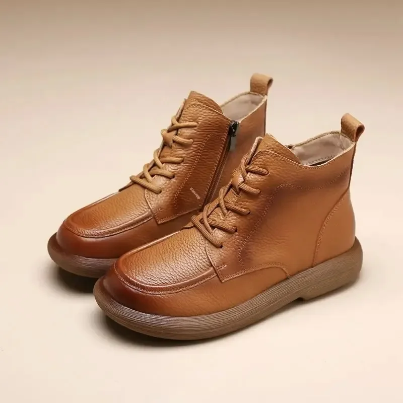 Vintage Genuine Leather Headlayer Cow Leather Fleece-Lined Flat Bottom Short Boots For Adults Retro Style Winter Season