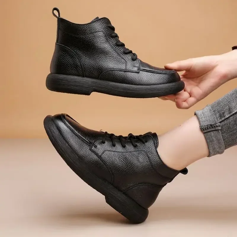 Vintage Genuine Leather Headlayer Cow Leather Fleece-Lined Flat Bottom Short Boots For Adults Retro Style Winter Season