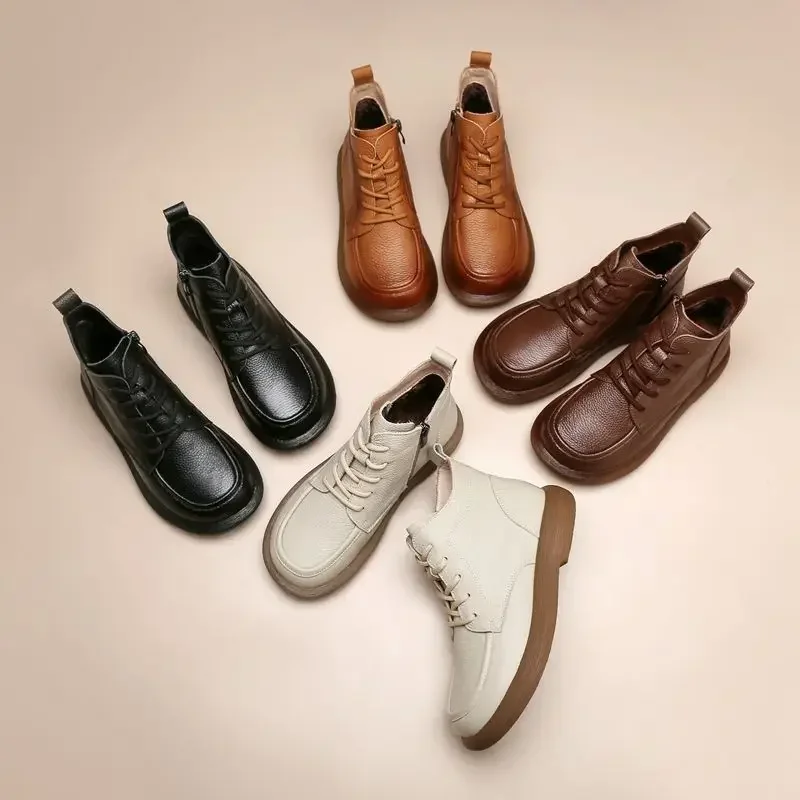 Vintage Genuine Leather Headlayer Cow Leather Fleece-Lined Flat Bottom Short Boots For Adults Retro Style Winter Season
