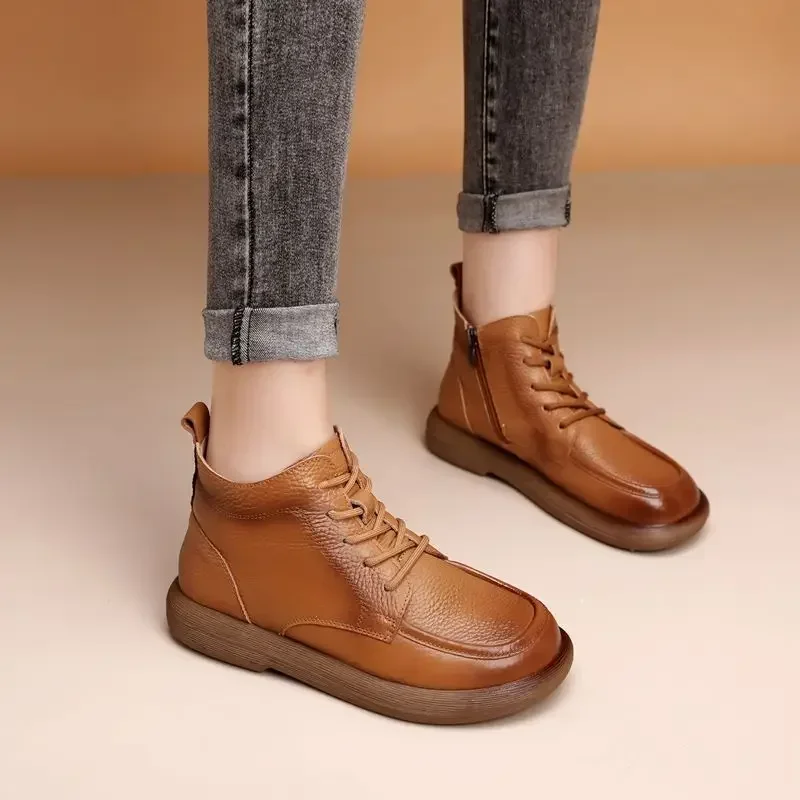 Vintage Genuine Leather Headlayer Cow Leather Fleece-Lined Flat Bottom Short Boots For Adults Retro Style Winter Season