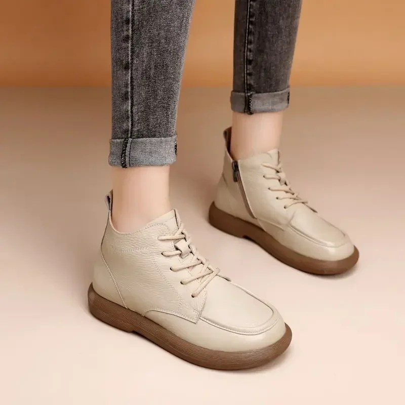 Vintage Genuine Leather Headlayer Cow Leather Fleece-Lined Flat Bottom Short Boots For Adults Retro Style Winter Season