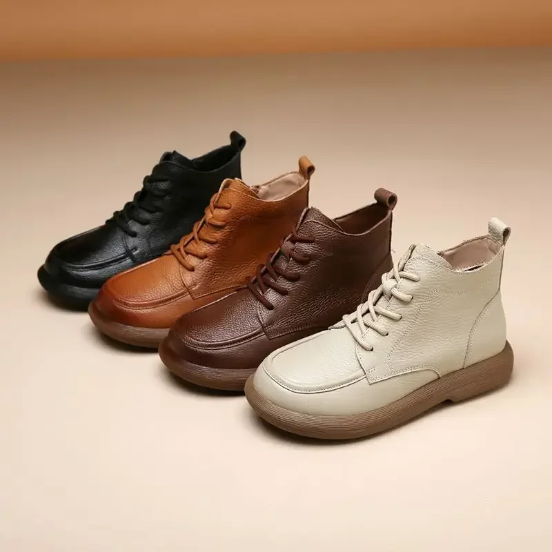 Vintage Genuine Leather Headlayer Cow Leather Fleece-Lined Flat Bottom Short Boots For Adults Retro Style Winter Season