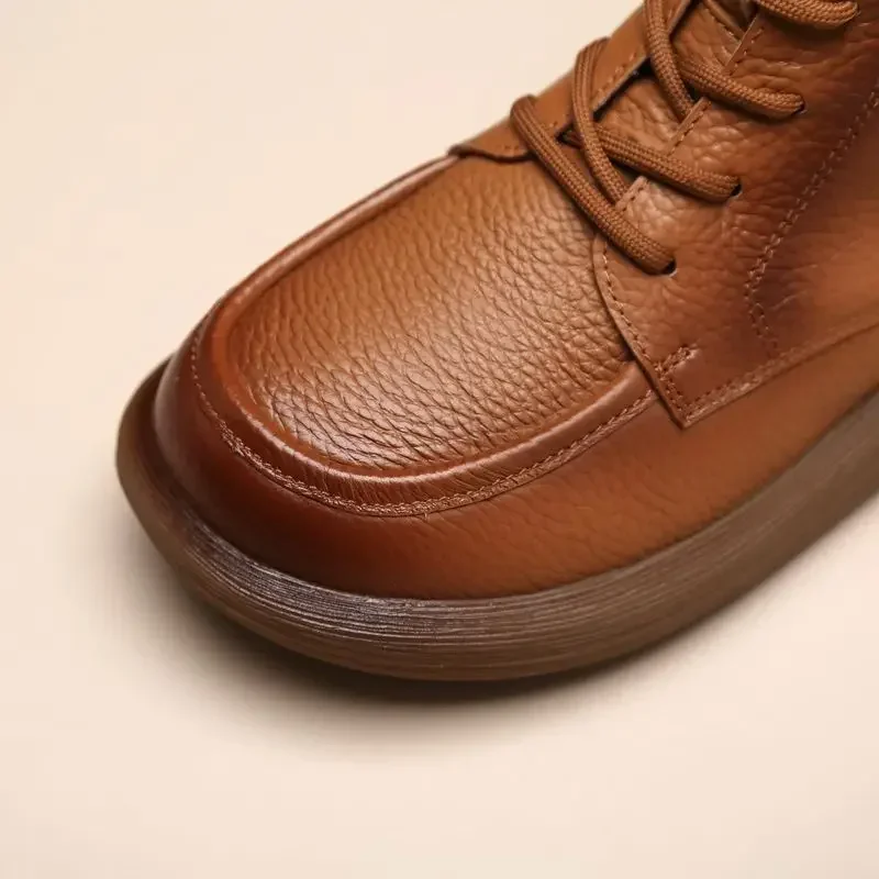 Vintage Genuine Leather Headlayer Cow Leather Fleece-Lined Flat Bottom Short Boots For Adults Retro Style Winter Season