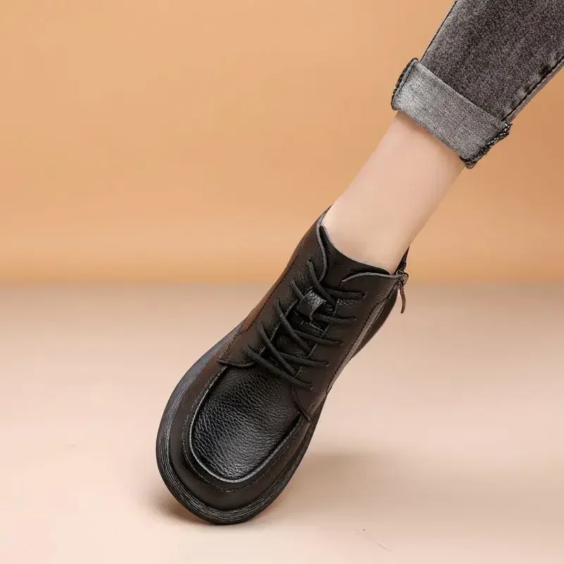 Vintage Genuine Leather Headlayer Cow Leather Fleece-Lined Flat Bottom Short Boots For Adults Retro Style Winter Season Vintage Genuine Leather Headlayer Cow Leather Fleece-Lined Flat Bottom Short Boots For Adults Retro Style Winter Season