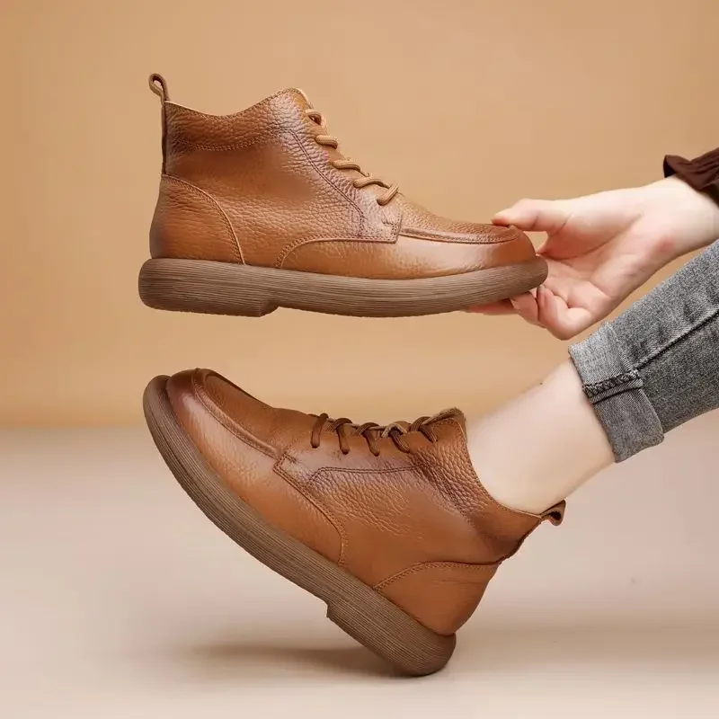 Vintage Genuine Leather Headlayer Cow Leather Fleece-Lined Flat Bottom Short Boots For Adults Retro Style Winter Season
