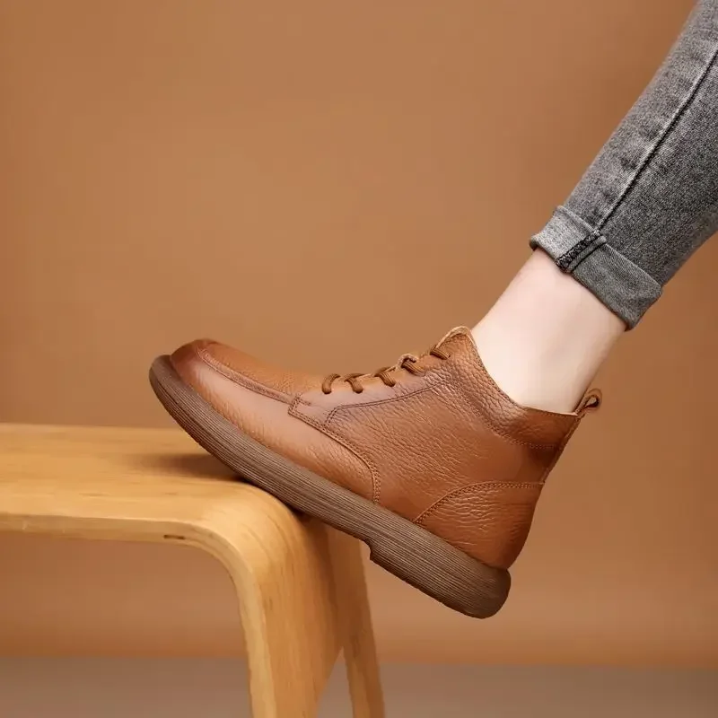 Vintage Genuine Leather Headlayer Cow Leather Fleece-Lined Flat Bottom Short Boots For Adults Retro Style Winter Season