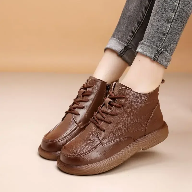 Vintage Genuine Leather Headlayer Cow Leather Fleece-Lined Flat Bottom Short Boots For Adults Retro Style Winter Season