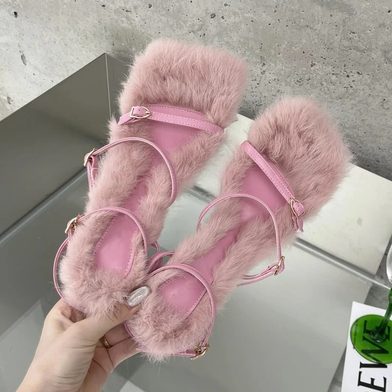 2026 New Brand Plush Fur Fuzzy Sandals Women Thin Heels Fashion Square Toe Ankle Lace Up Buckle Strap Slides Shoes