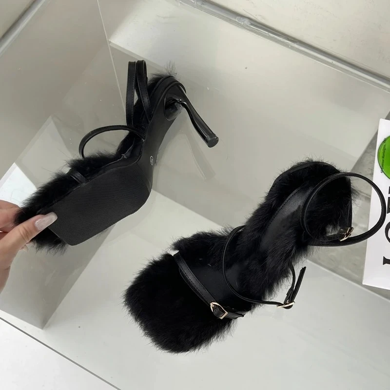 2026 New Brand Plush Fur Fuzzy Sandals Women Thin Heels Fashion Square Toe Ankle Lace Up Buckle Strap Slides Shoes