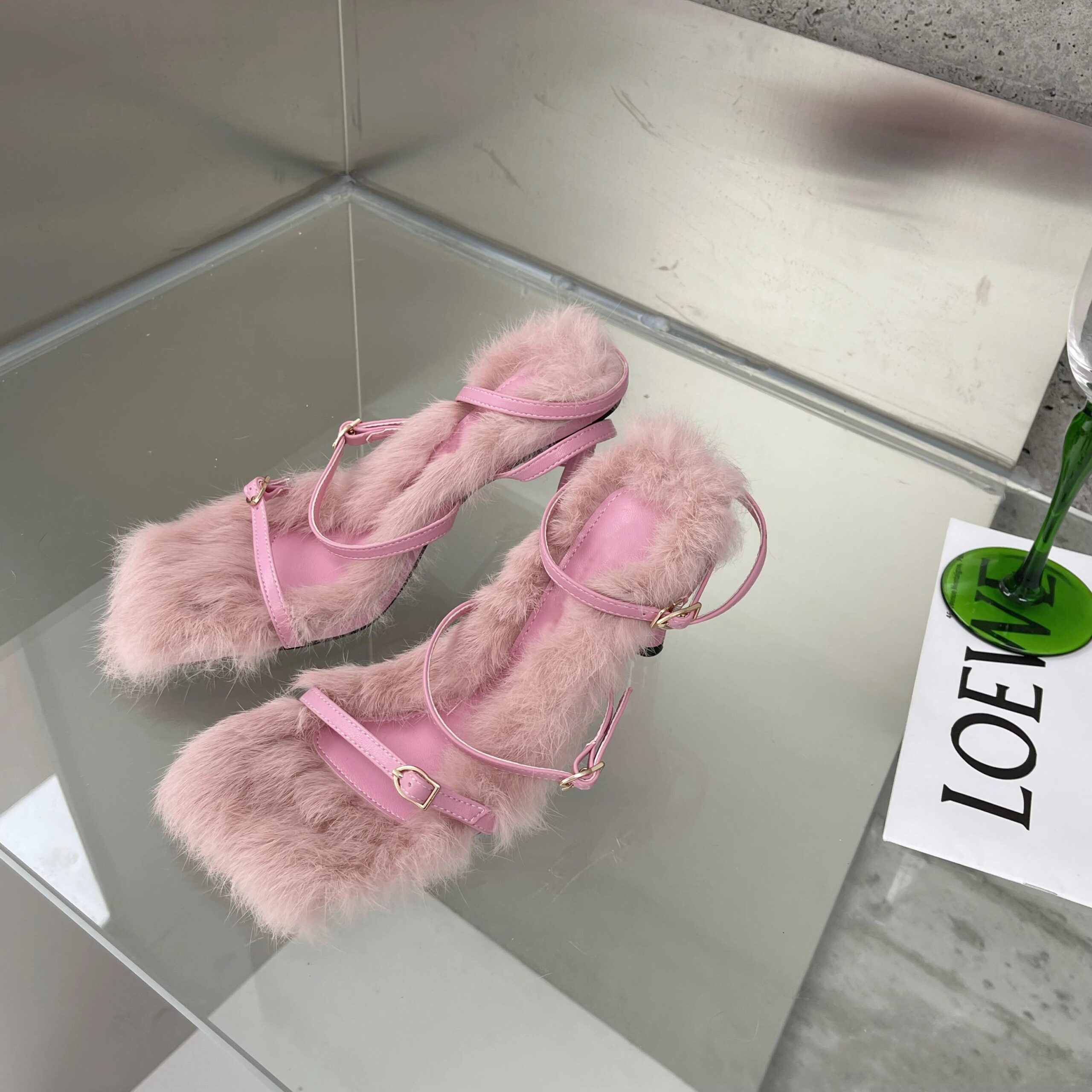 2026 New Brand Plush Fur Fuzzy Sandals Women Thin Heels Fashion Square Toe Ankle Lace Up Buckle Strap Slides Shoes 2026 New Brand Plush Fur Fuzzy Sandals Women Thin Heels Fashion Square Toe Ankle Lace Up Buckle Strap Slides Shoes