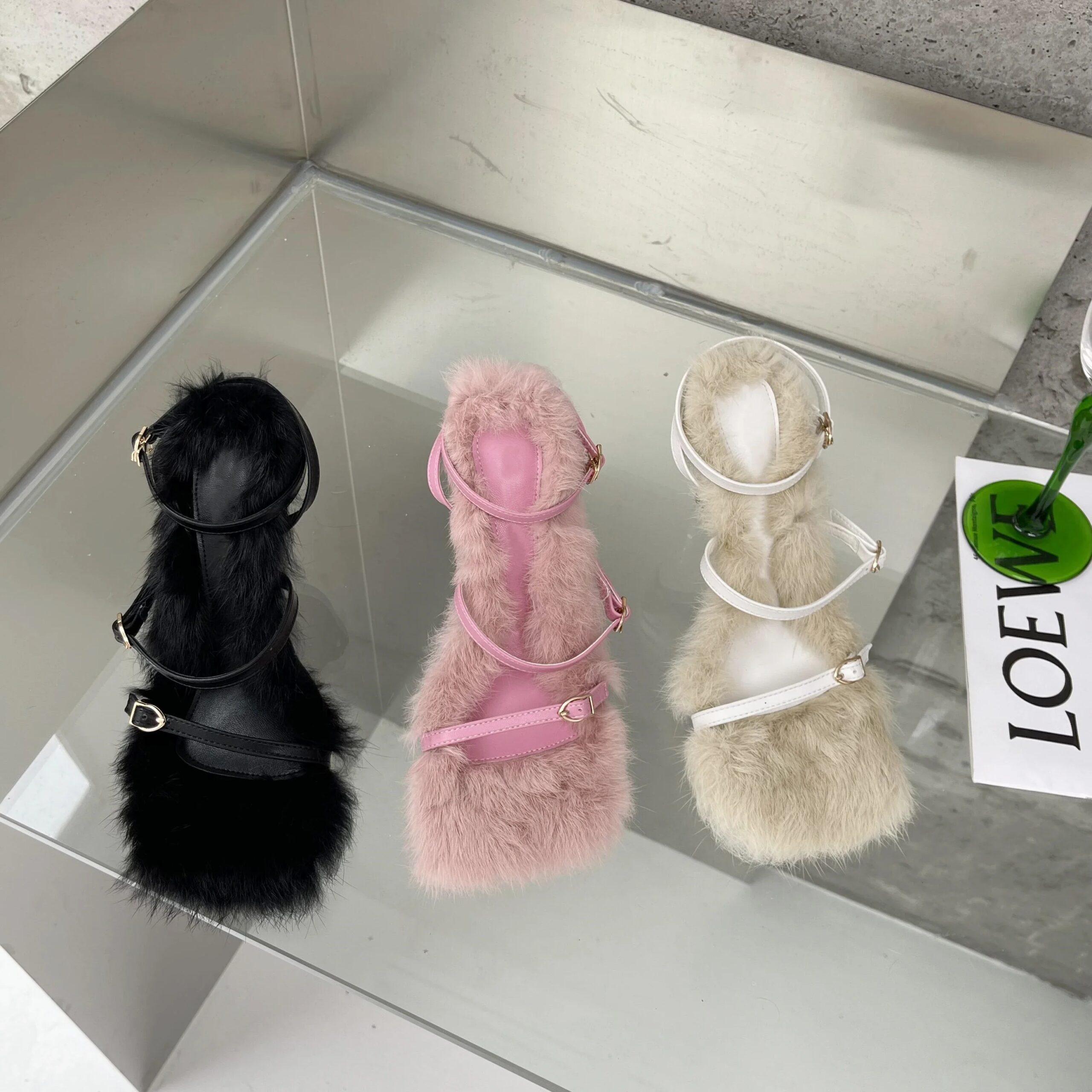 2026 New Brand Plush Fur Fuzzy Sandals Women Thin Heels Fashion Square Toe Ankle Lace Up Buckle Strap Slides Shoes 2026 New Brand Plush Fur Fuzzy Sandals Women Thin Heels Fashion Square Toe Ankle Lace Up Buckle Strap Slides Shoes