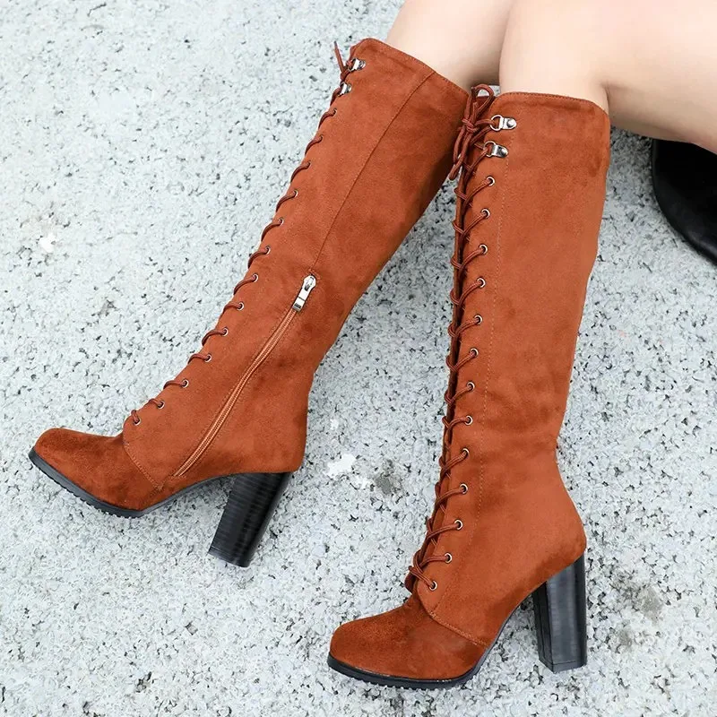 Knee-high Boots Woman Fashion Round Toe High Heeled Thigh High Boots Female Winter Warm Long Boots Grey Black Size 34-43
