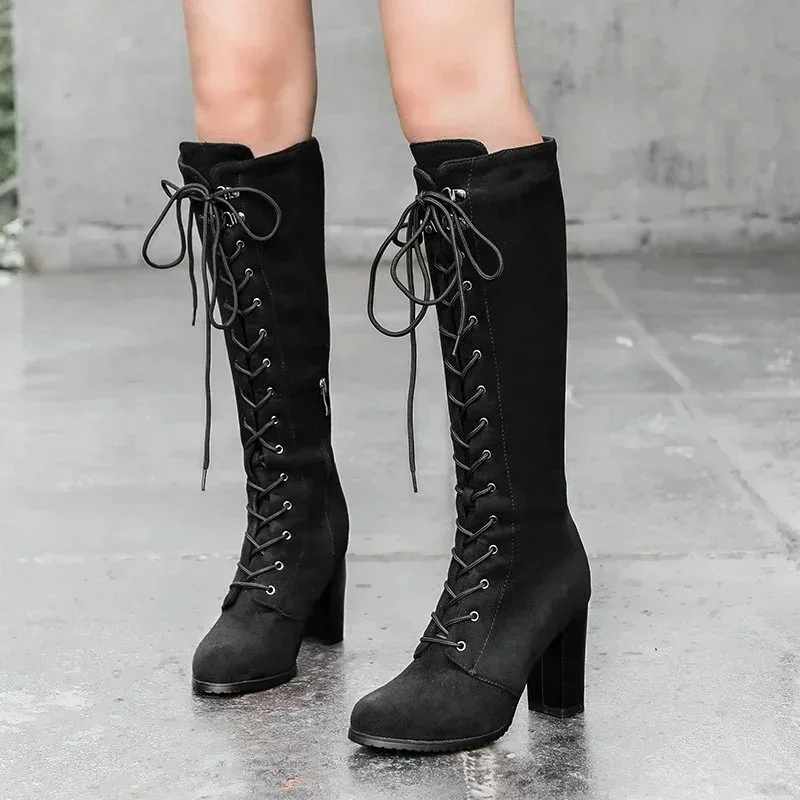 Knee-high Boots Woman Fashion Round Toe High Heeled Thigh High Boots Female Winter Warm Long Boots Grey Black Size 34-43