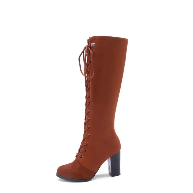 Knee-high Boots Woman Fashion Round Toe High Heeled Thigh High Boots Female Winter Warm Long Boots Grey Black Size 34-43