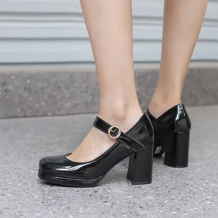 PU Patent Leather Green Navy Blue Closed Toe Mature Ladies Office Pumps Buckle Strap Vintage Women Mary Janes Shoes Block Heels PU Patent Leather Green Navy Blue Closed Toe Mature Ladies Office Pumps Buckle Strap Vintage Women Mary Janes Shoes Block Heels