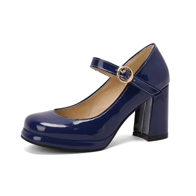 PU Patent Leather Green Navy Blue Closed Toe Mature Ladies Office Pumps Buckle Strap Vintage Women Mary Janes Shoes Block Heels PU Patent Leather Green Navy Blue Closed Toe Mature Ladies Office Pumps Buckle Strap Vintage Women Mary Janes Shoes Block Heels