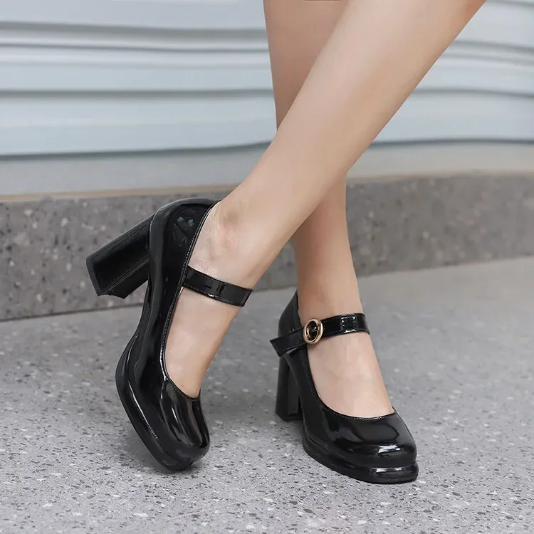 PU Patent Leather Green Navy Blue Closed Toe Mature Ladies Office Pumps Buckle Strap Vintage Women Mary Janes Shoes Block Heels PU Patent Leather Green Navy Blue Closed Toe Mature Ladies Office Pumps Buckle Strap Vintage Women Mary Janes Shoes Block Heels