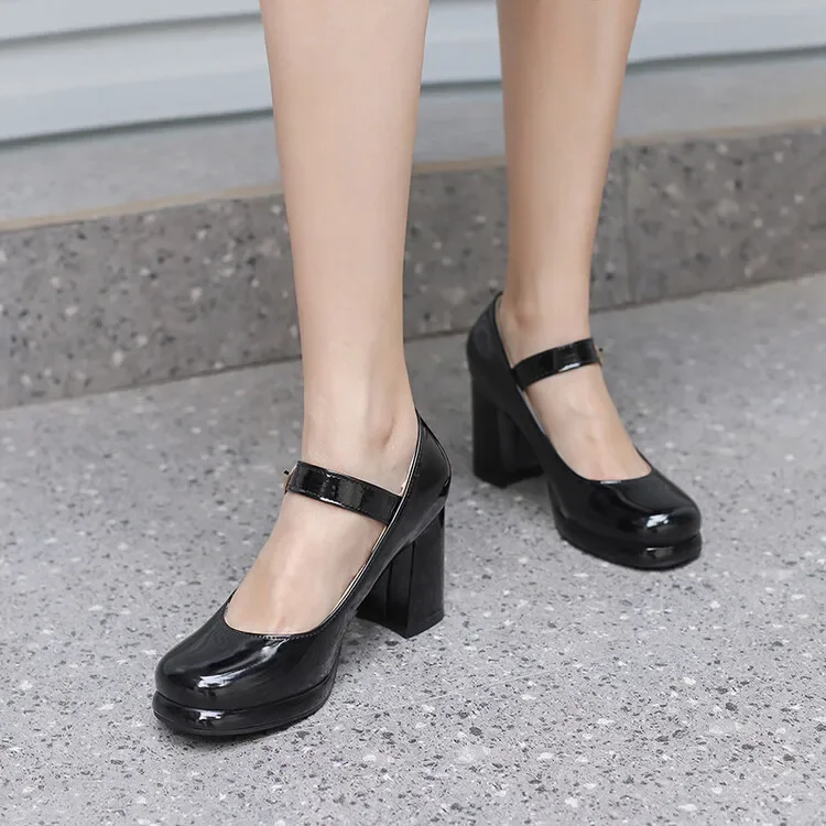 PU Patent Leather Green Navy Blue Closed Toe Mature Ladies Office Pumps Buckle Strap Vintage Women Mary Janes Shoes Block Heels PU Patent Leather Green Navy Blue Closed Toe Mature Ladies Office Pumps Buckle Strap Vintage Women Mary Janes Shoes Block Heels