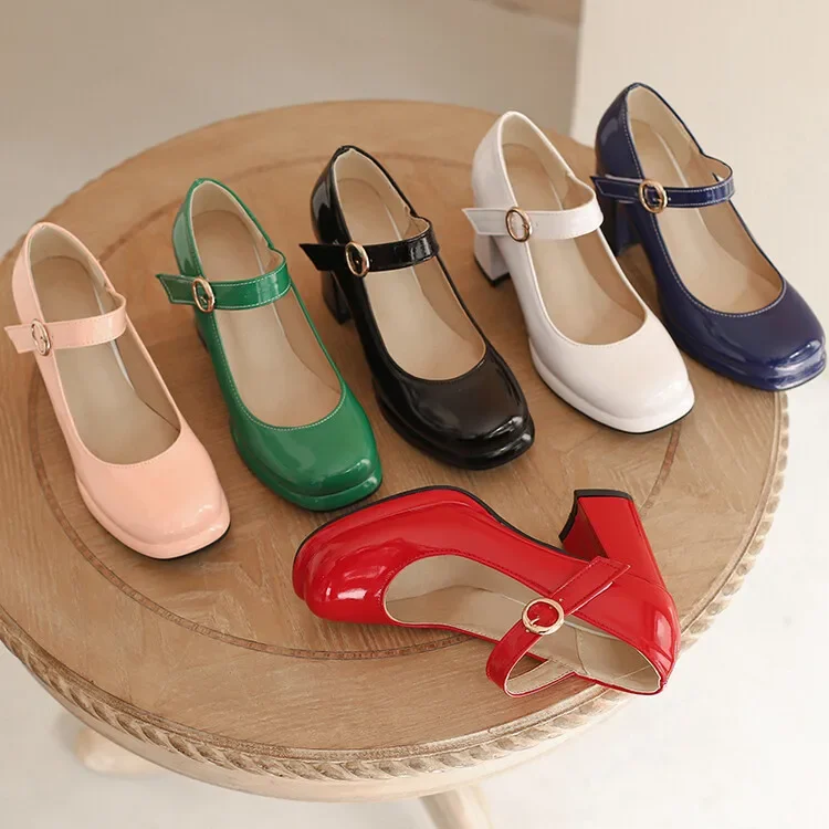 PU Patent Leather Green Navy Blue Closed Toe Mature Ladies Office Pumps Buckle Strap Vintage Women Mary Janes Shoes Block Heels PU Patent Leather Green Navy Blue Closed Toe Mature Ladies Office Pumps Buckle Strap Vintage Women Mary Janes Shoes Block Heels