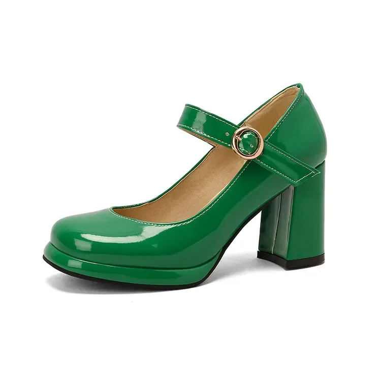 PU Patent Leather Green Navy Blue Closed Toe Mature Ladies Office Pumps Buckle Strap Vintage Women Mary Janes Shoes Block Heels PU Patent Leather Green Navy Blue Closed Toe Mature Ladies Office Pumps Buckle Strap Vintage Women Mary Janes Shoes Block Heels