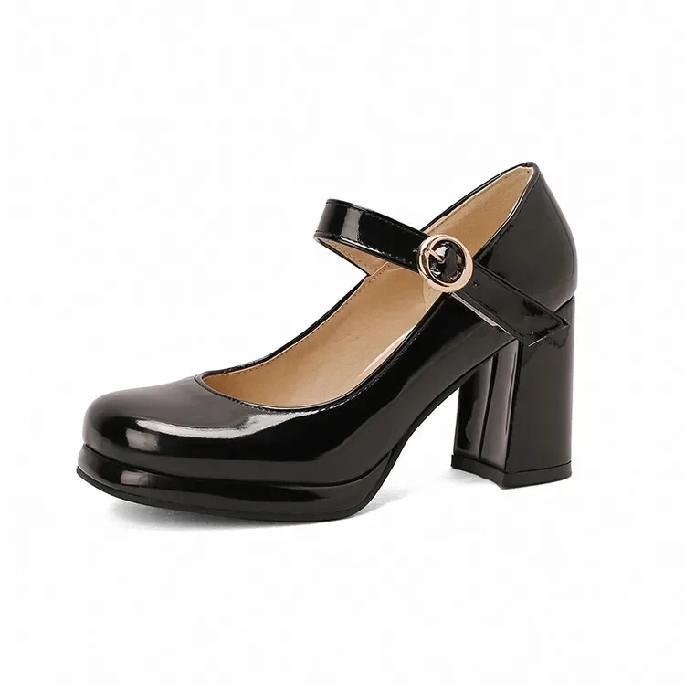 PU Patent Leather Green Navy Blue Closed Toe Mature Ladies Office Pumps Buckle Strap Vintage Women Mary Janes Shoes Block Heels PU Patent Leather Green Navy Blue Closed Toe Mature Ladies Office Pumps Buckle Strap Vintage Women Mary Janes Shoes Block Heels