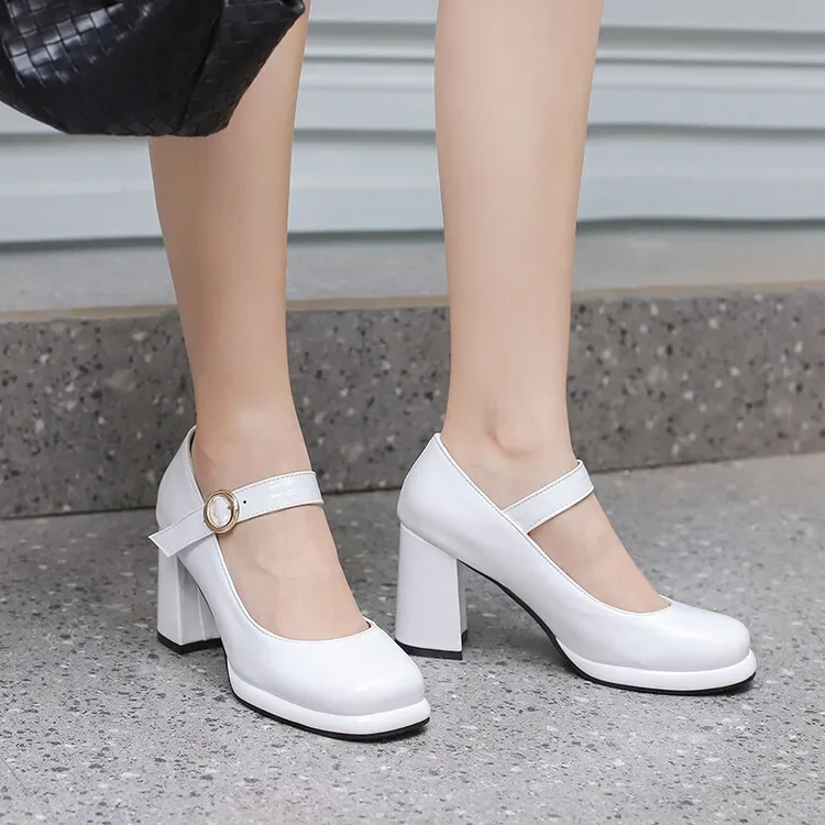 PU Patent Leather Green Navy Blue Closed Toe Mature Ladies Office Pumps Buckle Strap Vintage Women Mary Janes Shoes Block Heels PU Patent Leather Green Navy Blue Closed Toe Mature Ladies Office Pumps Buckle Strap Vintage Women Mary Janes Shoes Block Heels