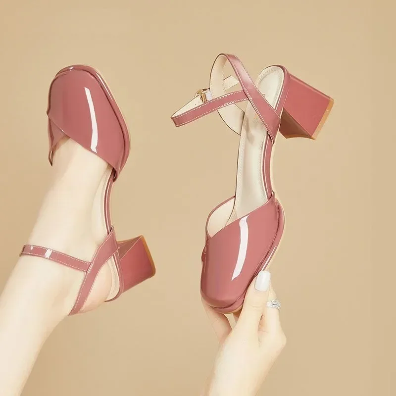 Female Pink Comfort Spring & Summer Hollow Out Office High Heel Shoes Women Fashion Black Leather Shoes