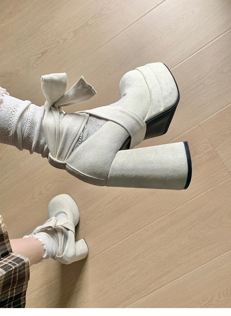 Designer Platform Women Mary Jane Shoes Fashion Elegant Cross Strap Thick Heel Shoes Ladies College Style Dress Pumps Shoes