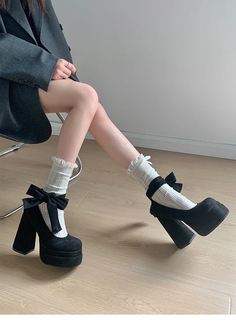 Designer Platform Women Mary Jane Shoes Fashion Elegant Cross Strap Thick Heel Shoes Ladies College Style Dress Pumps Shoes