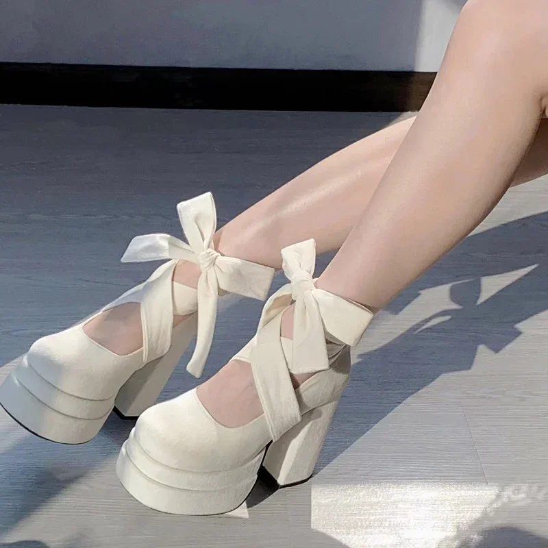 Designer Platform Women Mary Jane Shoes Fashion Elegant Cross Strap Thick Heel Shoes Ladies College Style Dress Pumps Shoes