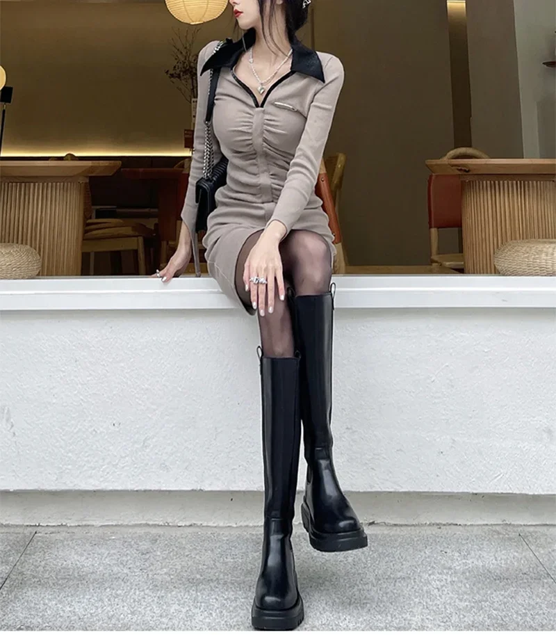 Platform Women Knight Long Boots Fashion Warm Fur Shoes Autumn Winter Square Heels Ladies Knee High Booties