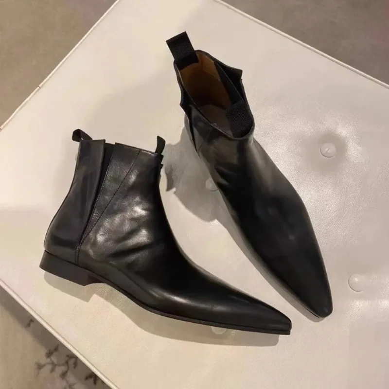 Retro Short Boots Women's Autumn/Winter Genuine Leather Pointed Chelsea Boots Womens Flat Bare shoes for Women Thin shoes Women
